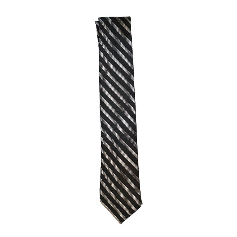 Perry Ellis Portfolio‎ Neck Tie 100% Silk Mens Striped Silver Black Nice!